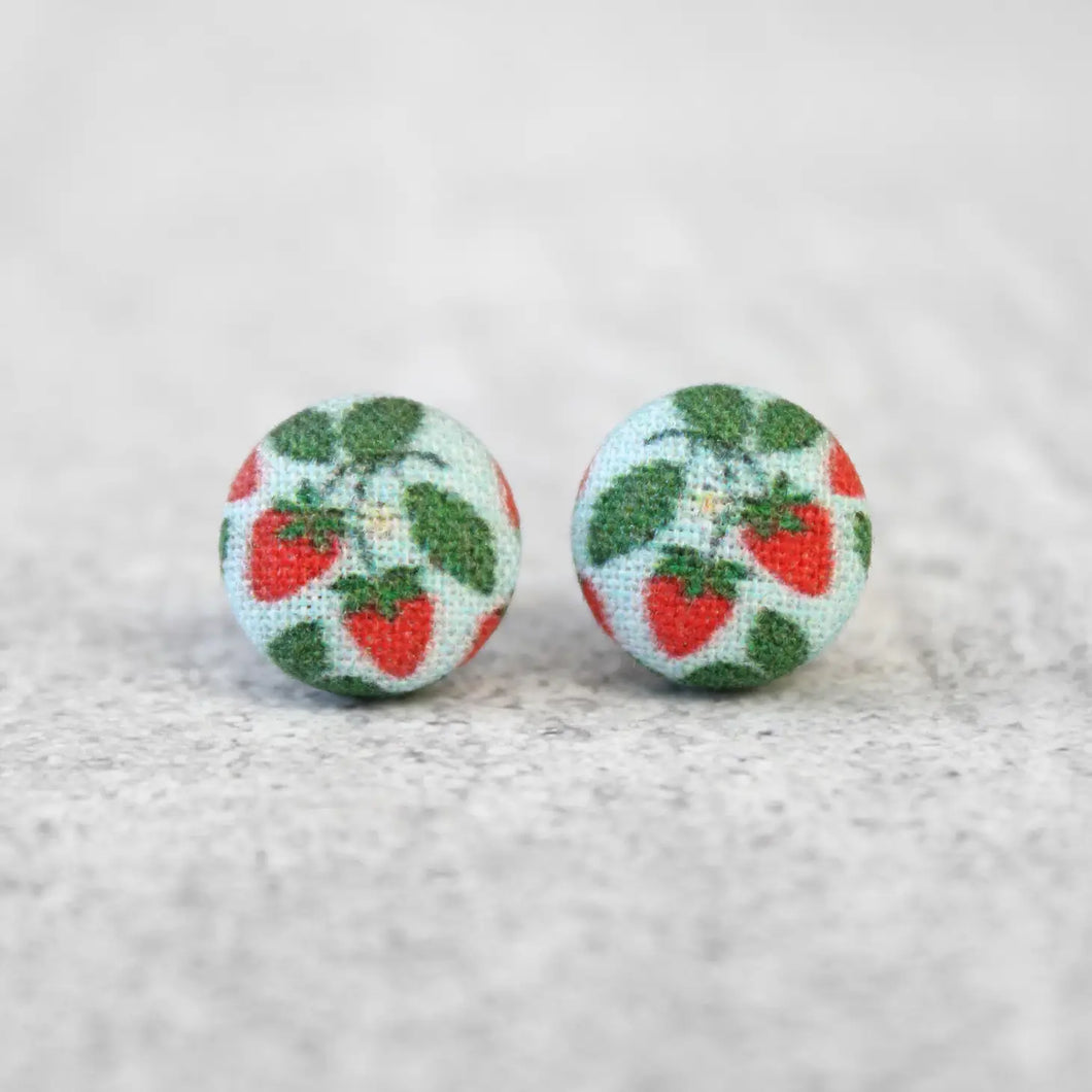 Strawberry Patch Fabric Covered Button Earrings