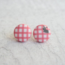 Load image into Gallery viewer, Summer Picnic Red Gingham Ant Fabric Covered Button Earrings
