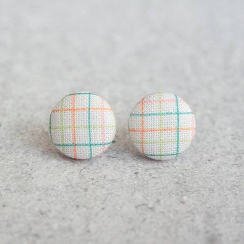 Summer Plaid Fabric Covered Button Earrings