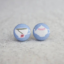 Load image into Gallery viewer, Time For Tea Fabric Covered Button Earrings