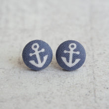 Load image into Gallery viewer, Tiny Anchors Navy Fabric Covered Button Earrings