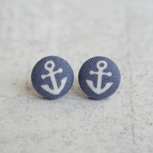 Tiny Anchors Navy Fabric Covered Button Earrings