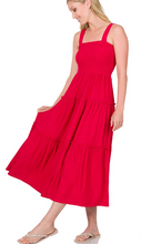 Load image into Gallery viewer, Smocked Tiered Midi Dress Ruby Red