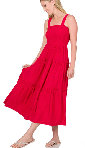 Smocked Tiered Midi Dress Ruby Red