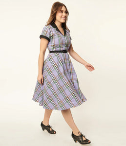 unique vintage purple dress Unique Vintage Black & Purple Floral Reed Swing Dress