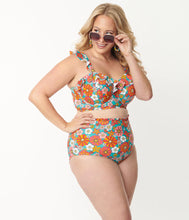 Load image into Gallery viewer, Unique Vintage Cape May Retro Floral Swim Bottom Turquoise/Orange