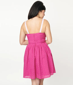 Unique Vintage Eyelet Golightly Flare Dress Fuchsia