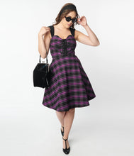 Load image into Gallery viewer, Unique Vintage Purple Plaid Corset Flare Dress Black/Purple