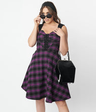 Load image into Gallery viewer, Unique Vintage Purple Plaid Corset Flare Dress Black/Purple