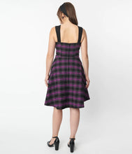 Load image into Gallery viewer, Unique Vintage Purple Plaid Corset Flare Dress Black/Purple