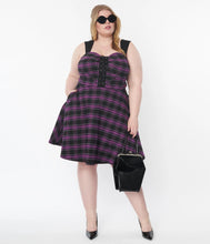 Load image into Gallery viewer, Unique Vintage Purple Plaid Corset Flare Dress Black/Purple