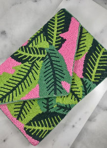 Truby Palm Leaf Beaded Clutch/ Crossbody Bag Pink